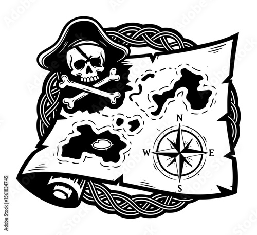 pirate skull and treasure map in engraving style, black and white adventure vector