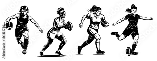 dynamic vector set of female athletes playing football and rugby, hand-drawn action poses in vintage engraving style