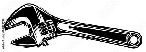 black and white vector of adjustable wrench, industrial tool engraved in realistic vintage style