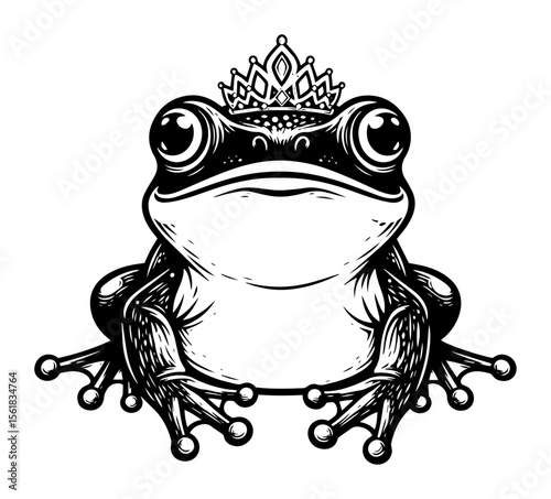 fairy tale inspired vector of frog wearing a royal crown, whimsical black and white engraving in cartoon style