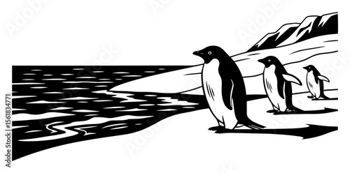 arctic wildlife scene with penguins standing on snowy beach and watching the sea, bold vector in monochrome palette