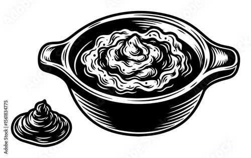 engraved vector of ceramic bowl filled with mashed potatoes, rustic food illustration perfect for cookbooks or menus