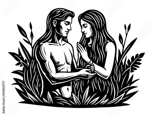 adam and eve standing in garden, black and white engraving style vector inspired by genesis