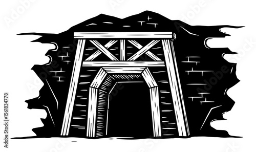 old wooden mining tunnel entrance, vintage black and white engraving vector for industrial or historical themes