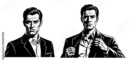 two confident men in suits, classic engraving style, black and white vintage business portrait