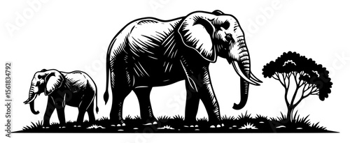 elephant and calf walking across savanna, black and white engraving style vector