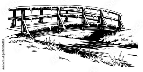 wooden bridge over a frozen stream, black and white vector in classic engraving style