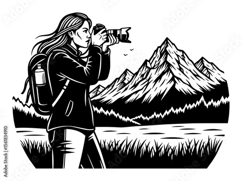 female photographer in mountain landscape vector
