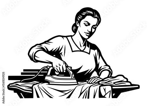 woman ironing clothes black and white vector