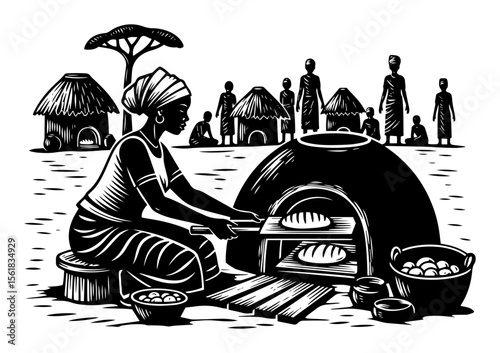 african village bread baking vector