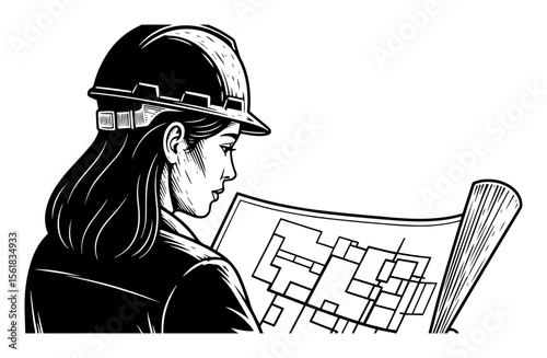 black and white vector of female architect in helmet studying building plan, construction theme
