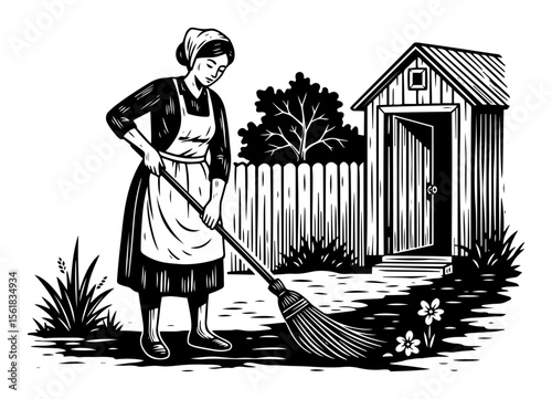 housewife sweeping yard vector illustration