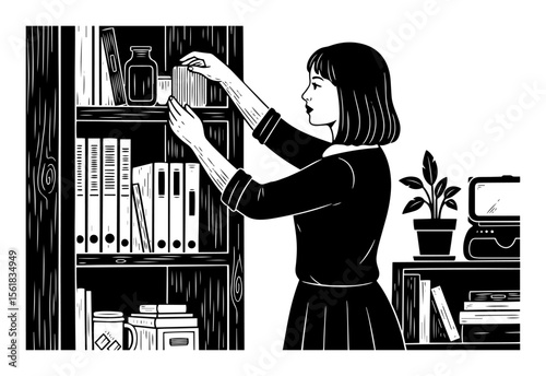 vector illustration of woman organizing shelf with books and jars in cozy black and white home interior