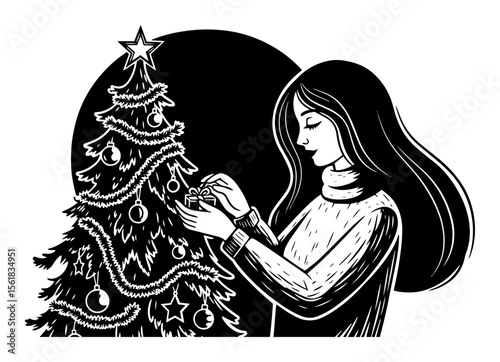 woman decorating christmas tree with baubles and lights