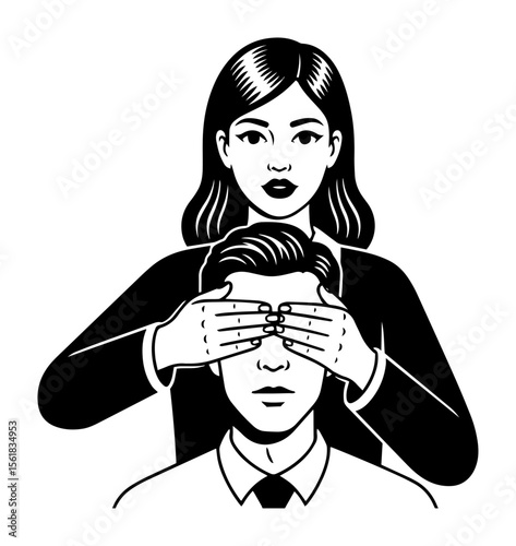 blackandwhite vector of woman playfully covering man’s eyes from behind in vintage style