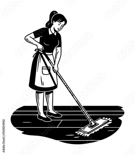 blackandwhite vector of woman cleaning floor with mop, vintage housework scene
