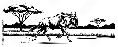 vector of wildebeest running on african savanna in blackandwhite