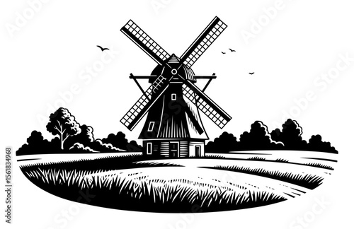 windmill in countryside vector