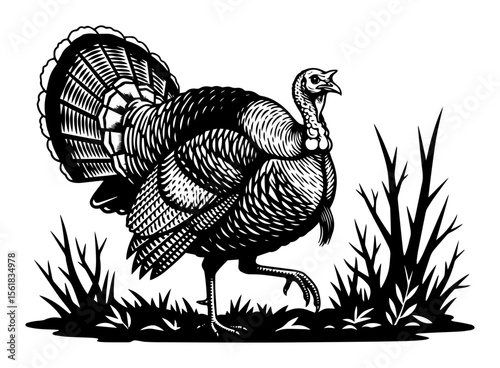 black and white vector of a standing turkey bird in grass, vintage thanksgiving or farm theme