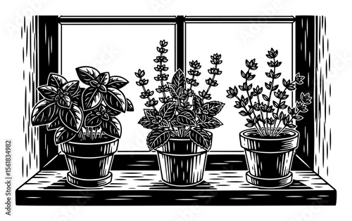 herbs on windowsill vector illustration