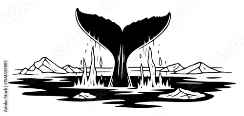 black and white vector of a whale tail splashing in the sea, surrounded by mountain landscape, retro engraving style
