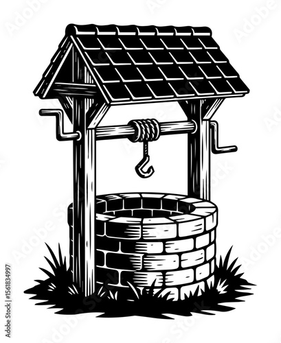 hand drawn village well vector