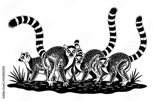 blackandwhite vector of ring-tailed lemurs in engraving style, exotic wildlife scene