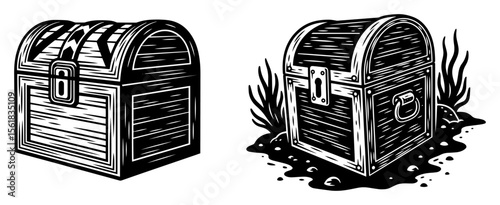 blackandwhite vector of closed treasure chests in vintage engraved style, pirate theme