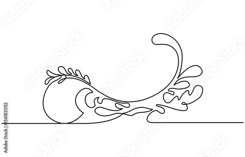 Continuous one line drawing water splashes wave twirl isolated surge blue sparks breaker. Wave curly shapes, Line drawing of sea wave. Modern abstract