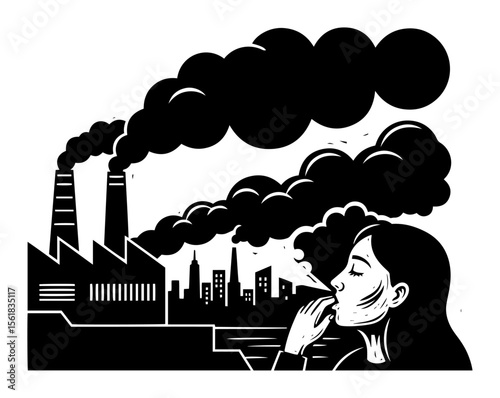 vector illustration of woman smoking with factory smog, blackandwhite engraving concept