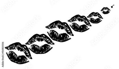 blackandwhite vector of lipstick kiss marks in fading perspective, vintage engraving style
