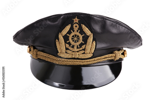Navy black leather cap with an emblem.