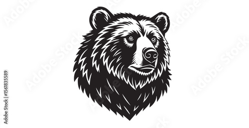 Grizzly bear head portrait in a bold black and white silhouette style