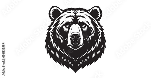 Intense grizzly bear head facing forward in bold black and white silhouette