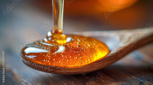 Golden honey dripping from a wooden spoon onto a rustic wooden surface, showcasing its rich texture and natural sweetness, perfect for culinary and health-related visuals