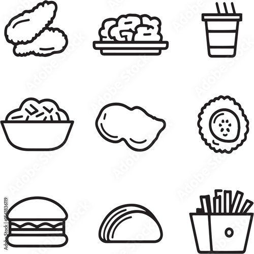 Chicken nuggets Black Line Editable Icons set