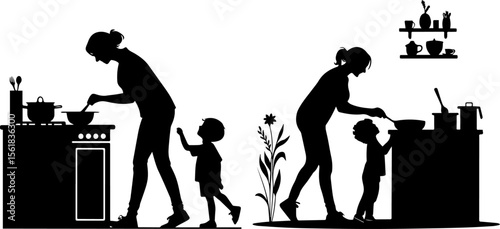 Mother and Child Cooking in Kitchen Silhouette - Family, Home Life & Domesticity
