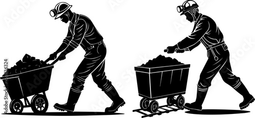 Coal Miners with Wheelbarrow and Cart Silhouette - Mining Industry & Hard Labor