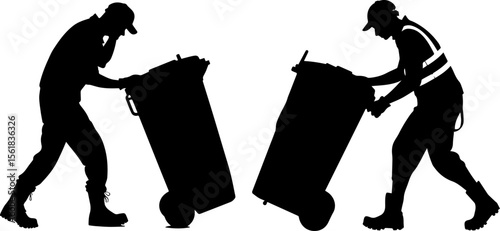 Waste Collectors Pushing Bins Silhouette - Public Service & Recycling