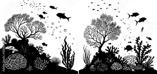 Underwater Coral Reef Ecosystem Silhouette - Marine Life & Ocean Discovery