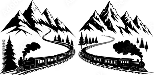 Vintage Steam Train in Mountain Landscape Silhouette - Scenic Railway Journey