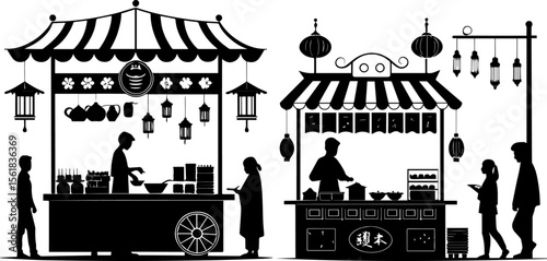 Asian Street Food Stalls with Vendors & Customers Silhouette - Market & Culture