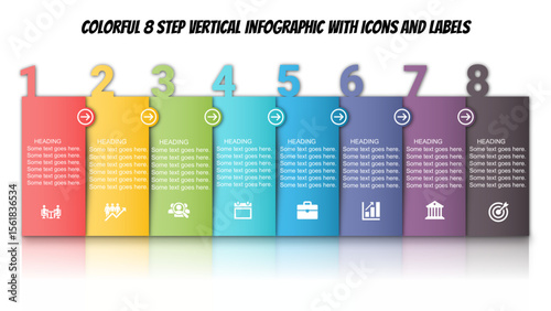 Colorful 8 Step Vertical Infographic with Icons and Labels. Fully editable modern infographic vector elements SVG file compatible with PowerPoint, Illustrator, and most vector-based applications.