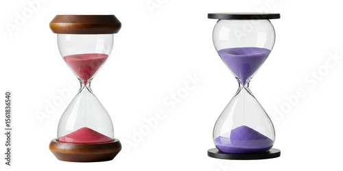 Dual hourglasses with colorful sand in modern design concept of set isolate  