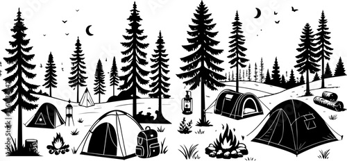 Outdoor Camping Scene Silhouette - Forest, Tents & Campfire at Night