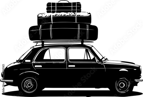 Vintage Car with Luggage on Roof - Road Trip & Travel Silhouette