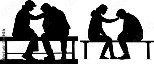 Friends Consoling on Bench Silhouette - Empathy and Emotional Support