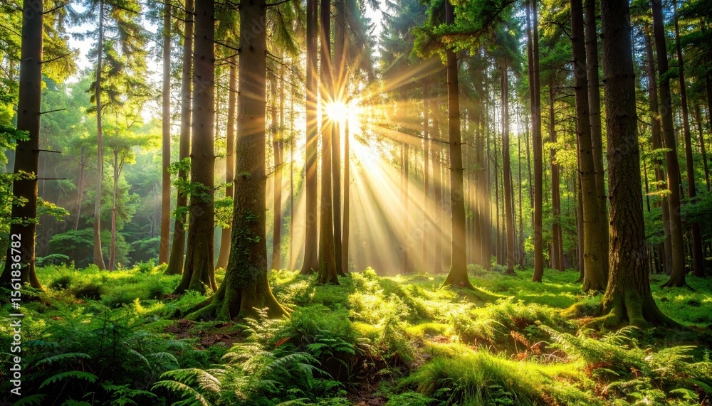 Obraz premium Sunlight streaming through tall trees in a lush green forest, creating a serene atmosphere