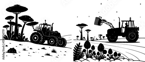 Alien Planet Industrial Machines Silhouette - Sci-Fi Exploration and Terraforming