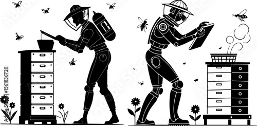 Beekeepers with Hives Silhouette - Honey Production and Apiculture